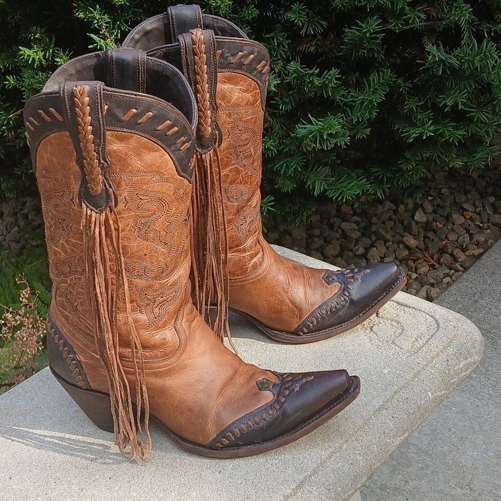 Lucchese Bootmaker Wingtip Natural Tucson Calf fringe cowgirl boots M5023 sz 9